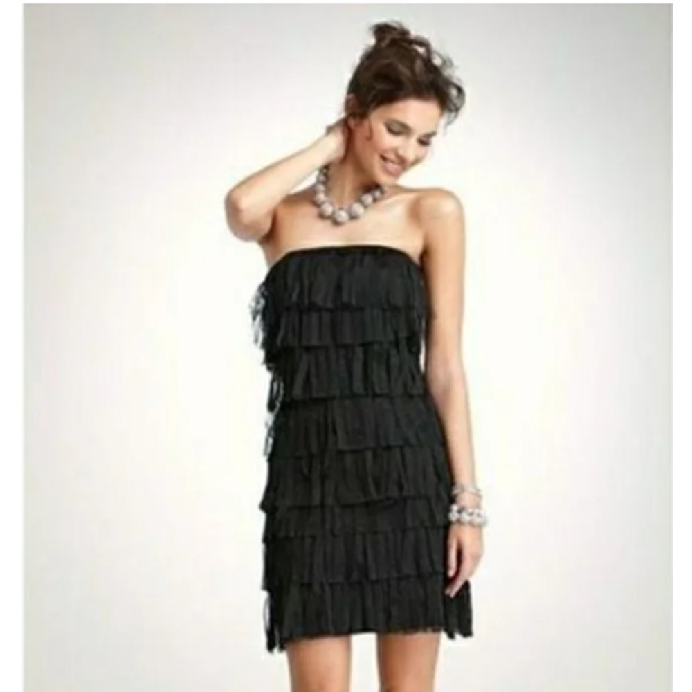 Ann Taylor Black Fringe Tiered Corset Strapless Dress 2